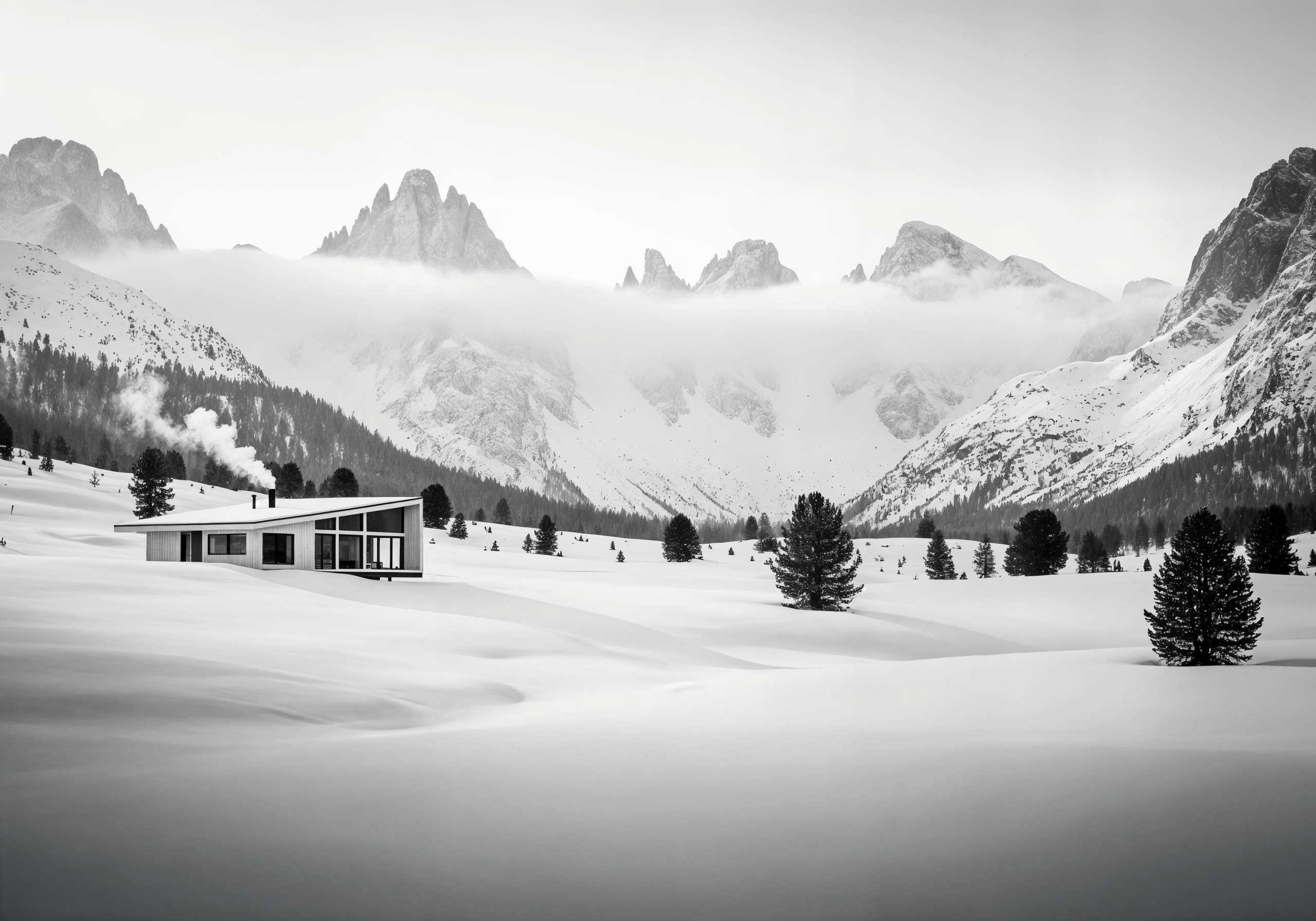 A modern house in a vast, snowy mountain landscape